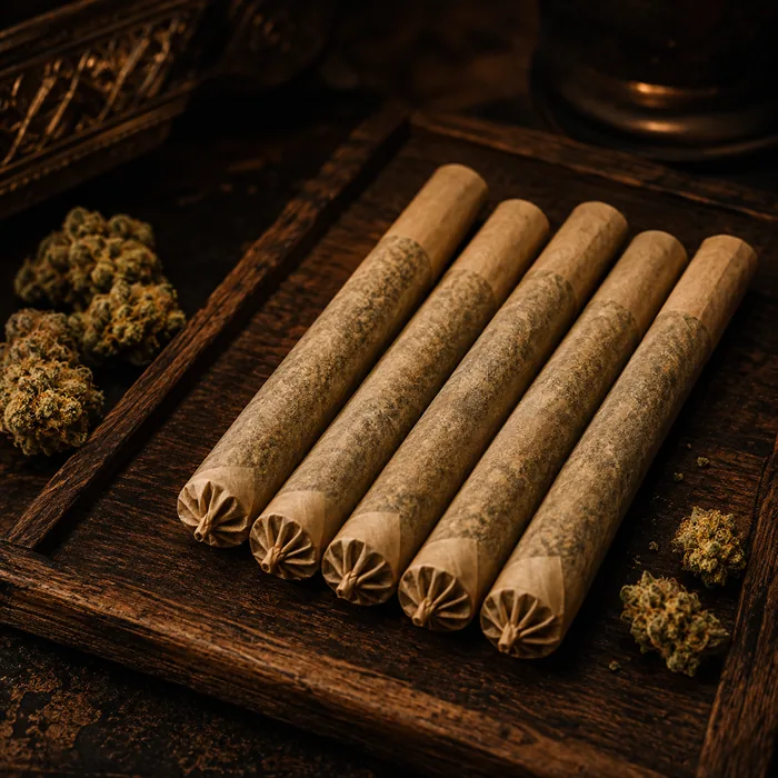 Pre-rolls on a rustic tray